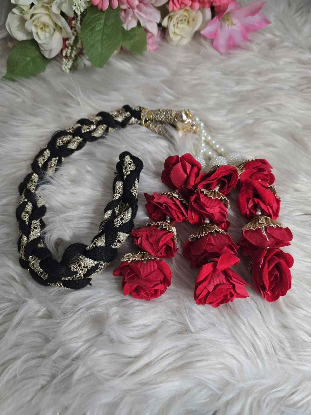 Handcrafted Black & Red Floral Braided Hair Accessory